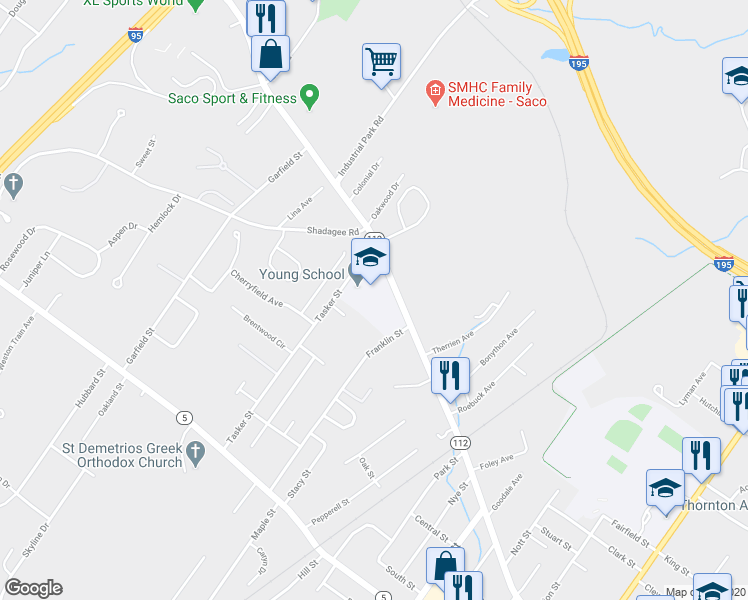 map of restaurants, bars, coffee shops, grocery stores, and more near 36 Tasker Street in Saco