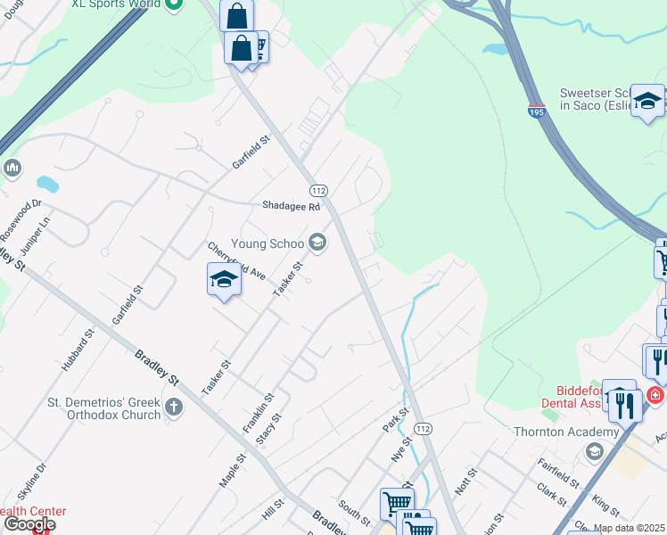 map of restaurants, bars, coffee shops, grocery stores, and more near 36 Tasker Street in Saco