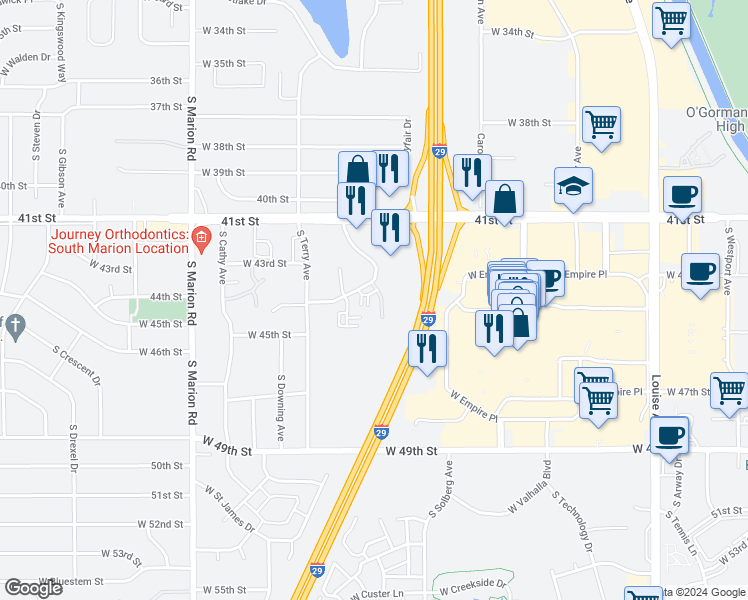 map of restaurants, bars, coffee shops, grocery stores, and more near 3540 South Gateway Boulevard in Sioux Falls