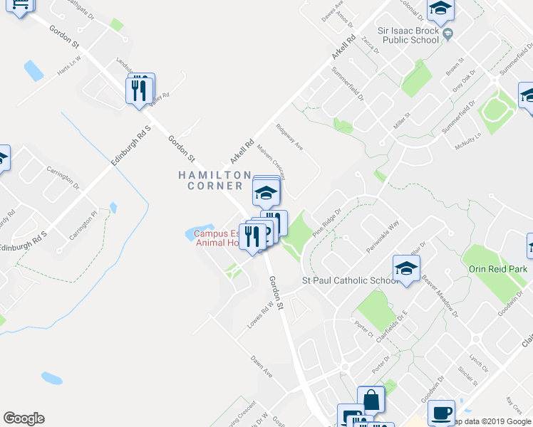 map of restaurants, bars, coffee shops, grocery stores, and more near 1428 Gordon Street in Guelph