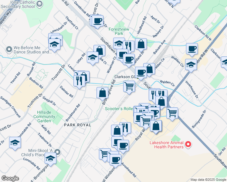 map of restaurants, bars, coffee shops, grocery stores, and more near 2150 Bromsgrove Road in Mississauga