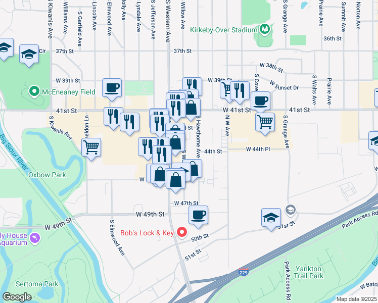 map of restaurants, bars, coffee shops, grocery stores, and more near 3701 South Willow Avenue in Sioux Falls
