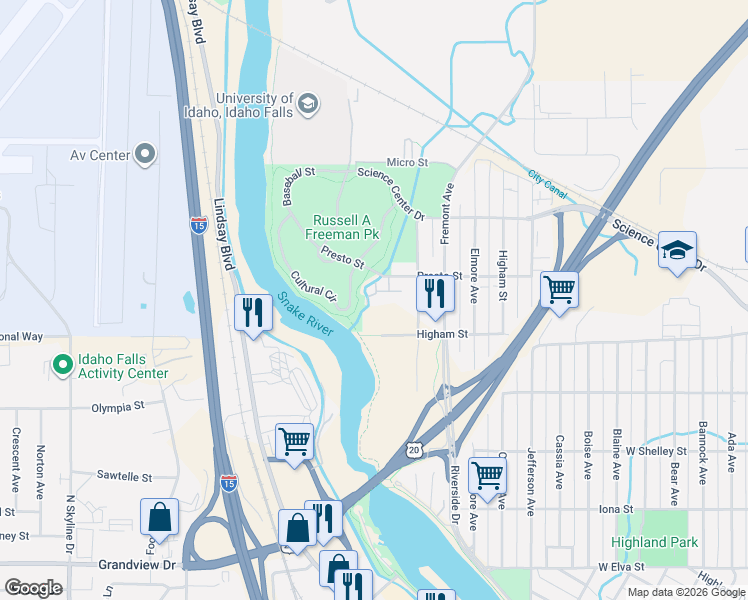 map of restaurants, bars, coffee shops, grocery stores, and more near 1425 Presto Street in Idaho Falls