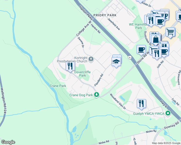 map of restaurants, bars, coffee shops, grocery stores, and more near 29 Carnaby Crescent in Guelph