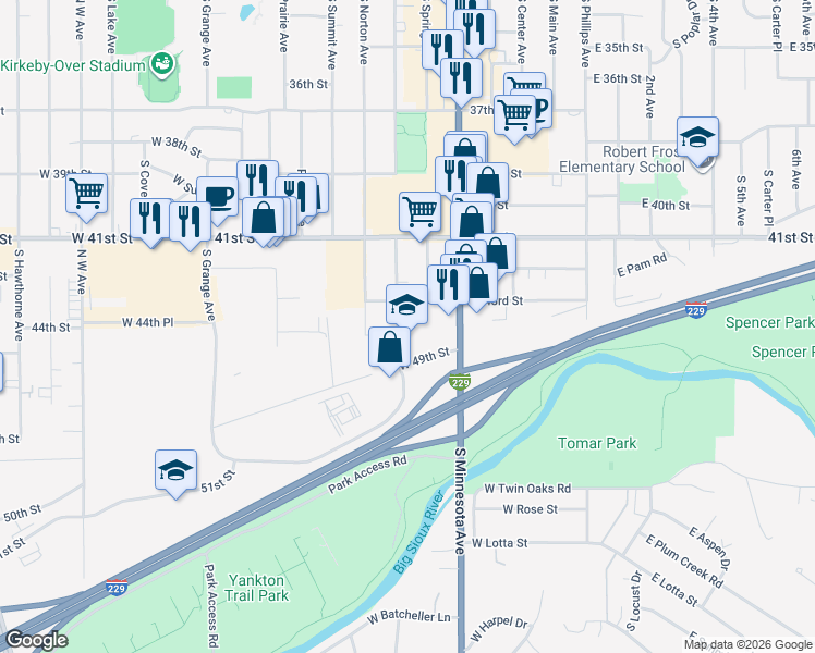 map of restaurants, bars, coffee shops, grocery stores, and more near 3510 South Duluth Avenue in Sioux Falls