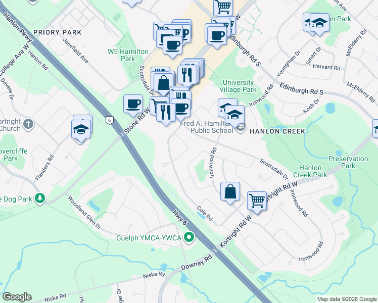 map of restaurants, bars, coffee shops, grocery stores, and more near 22 Aspen Valley Crescent in Guelph