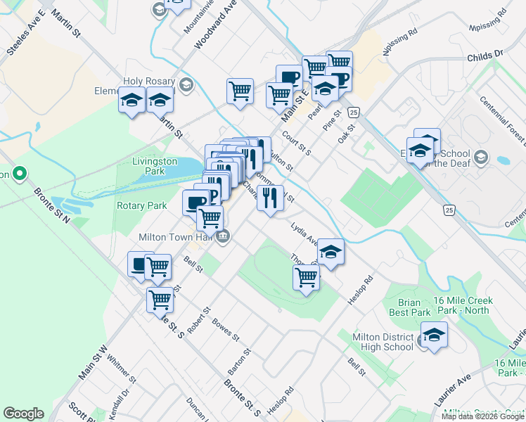 map of restaurants, bars, coffee shops, grocery stores, and more near 62 Charles Street in Milton