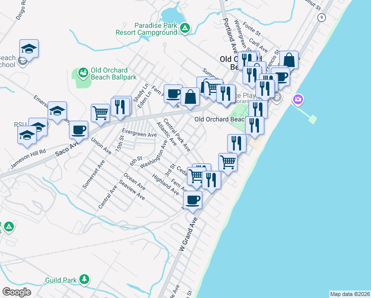 map of restaurants, bars, coffee shops, grocery stores, and more near 39 Central Park Avenue in Old Orchard Beach