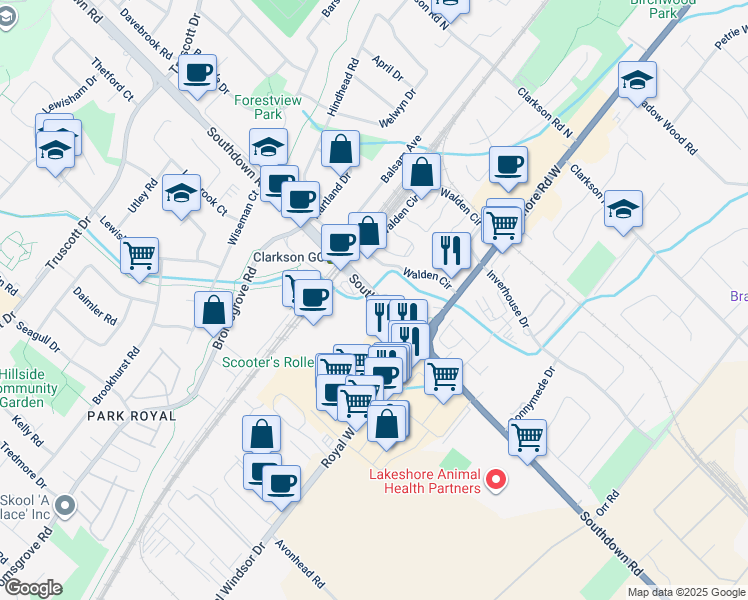 map of restaurants, bars, coffee shops, grocery stores, and more near 1058 Southdown Road in Mississauga