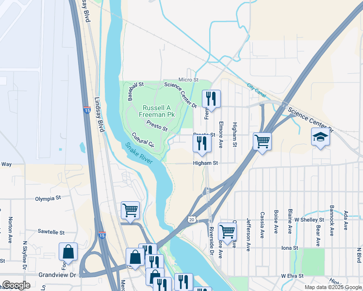 map of restaurants, bars, coffee shops, grocery stores, and more near 1425 Presto Street in Idaho Falls