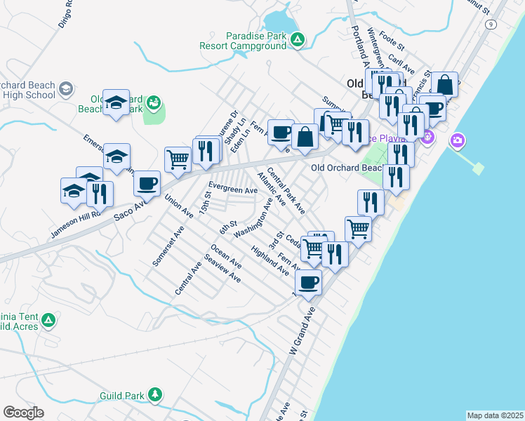 map of restaurants, bars, coffee shops, grocery stores, and more near 12 Prospect Street in Old Orchard Beach
