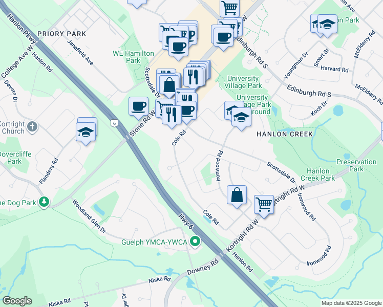 map of restaurants, bars, coffee shops, grocery stores, and more near Aspen Valley Crescent in Guelph