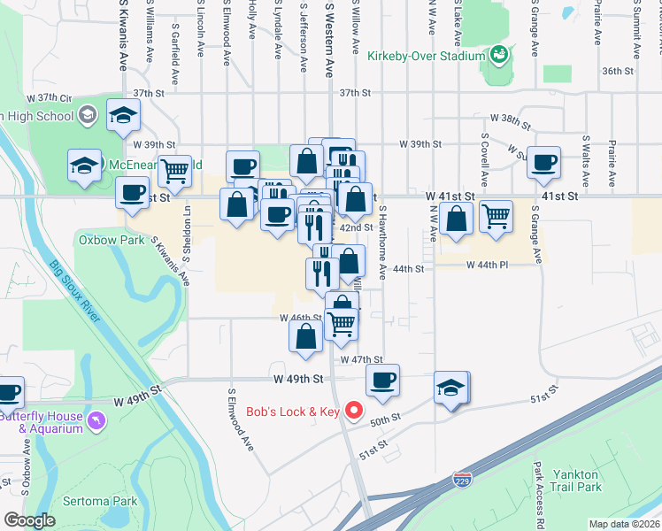 map of restaurants, bars, coffee shops, grocery stores, and more near 3517 South Western Avenue in Sioux Falls