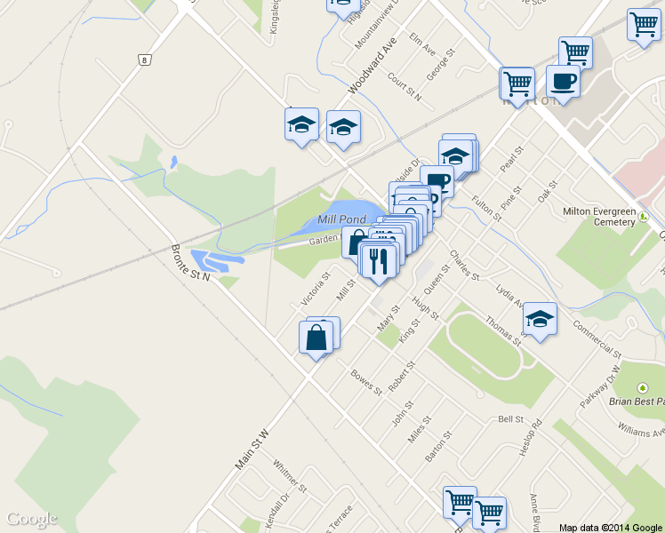 map of restaurants, bars, coffee shops, grocery stores, and more near 100 Victoria Street in Milton
