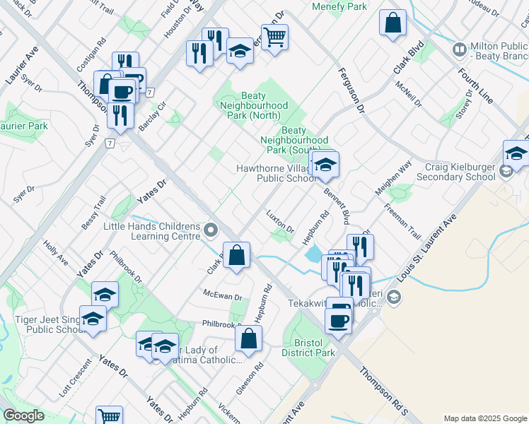 map of restaurants, bars, coffee shops, grocery stores, and more near 842 Luxton Drive in Milton
