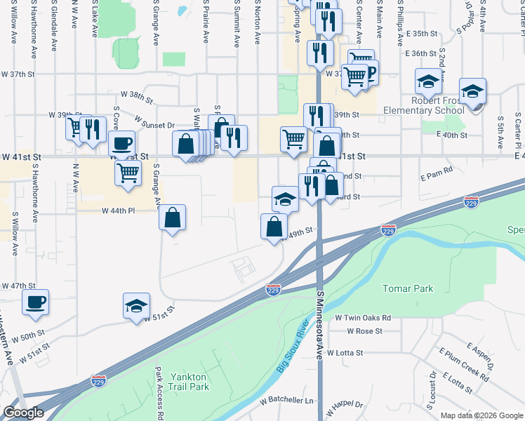 map of restaurants, bars, coffee shops, grocery stores, and more near 3536 South Norton Avenue in Sioux Falls