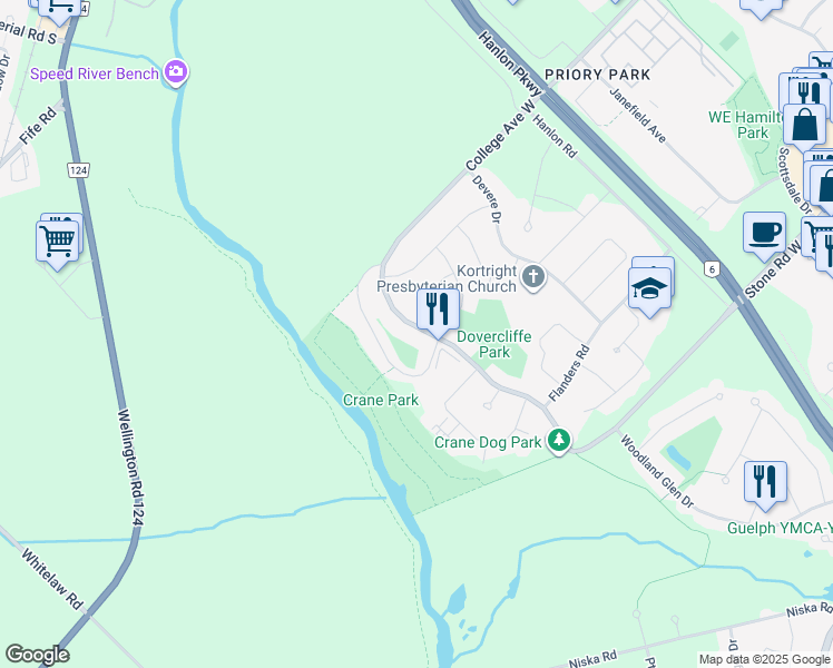 map of restaurants, bars, coffee shops, grocery stores, and more near 603 College Avenue West in Guelph