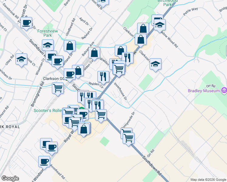 map of restaurants, bars, coffee shops, grocery stores, and more near 966 Inverhouse Drive in Mississauga