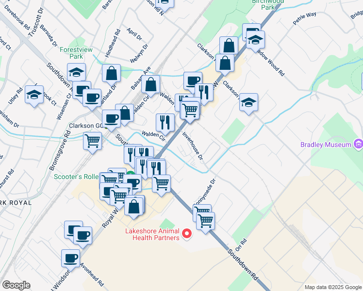 map of restaurants, bars, coffee shops, grocery stores, and more near in Mississauga