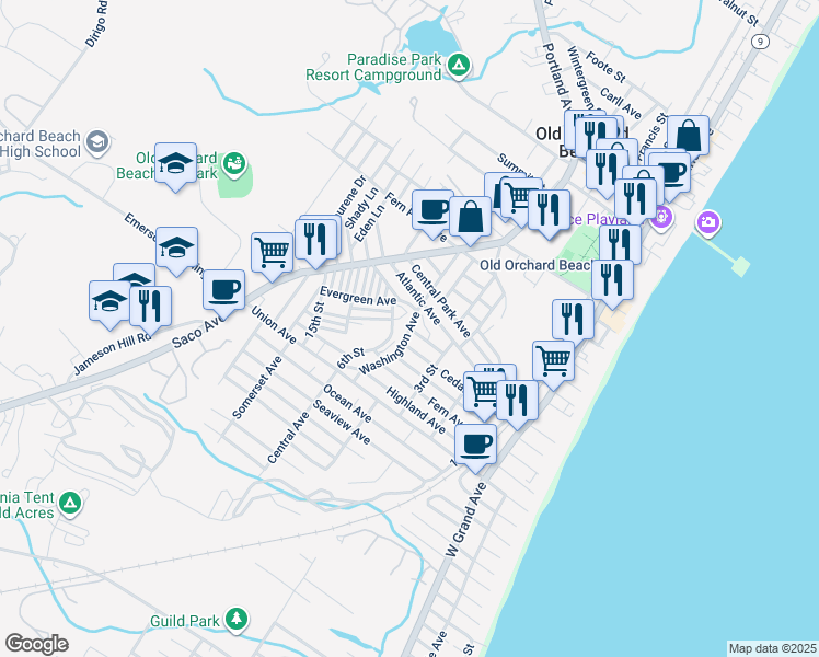 map of restaurants, bars, coffee shops, grocery stores, and more near 41 Washington Avenue in Old Orchard Beach