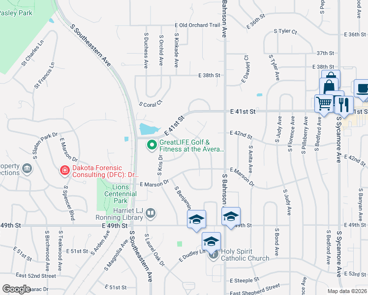 map of restaurants, bars, coffee shops, grocery stores, and more near 3146-3298 East Micah Lane in Sioux Falls