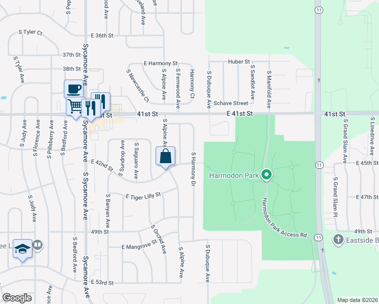 map of restaurants, bars, coffee shops, grocery stores, and more near 5105 East 42nd Street in Sioux Falls