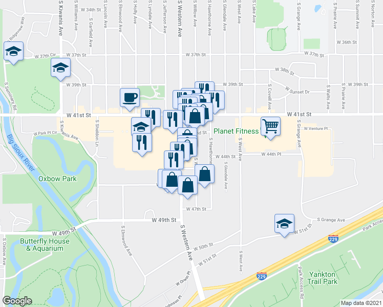 map of restaurants, bars, coffee shops, grocery stores, and more near 3701 South Willow Avenue in Sioux Falls