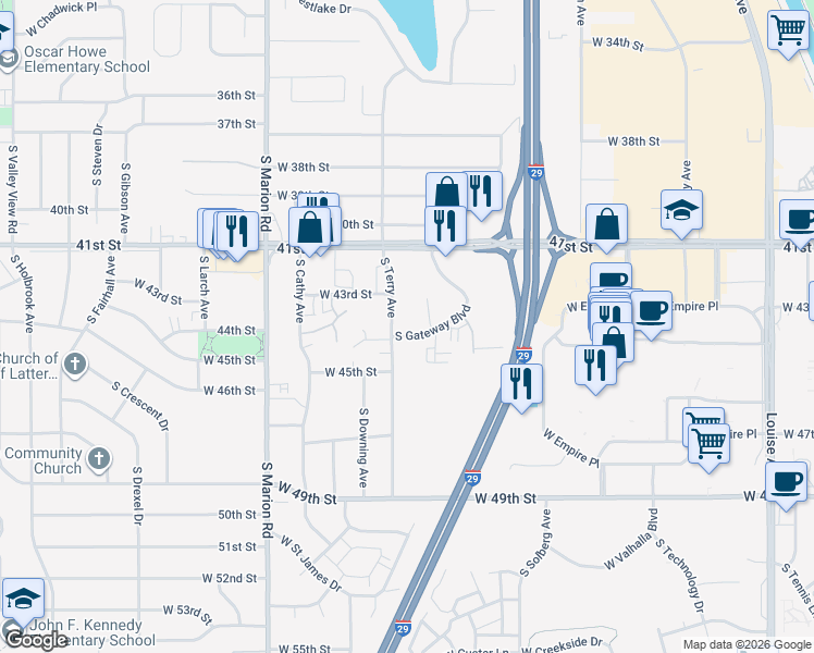 map of restaurants, bars, coffee shops, grocery stores, and more near in Sioux Falls