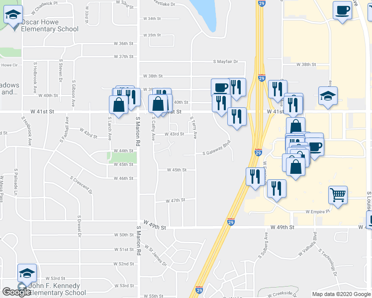 map of restaurants, bars, coffee shops, grocery stores, and more near 4922 West Kirkwood Place in Sioux Falls
