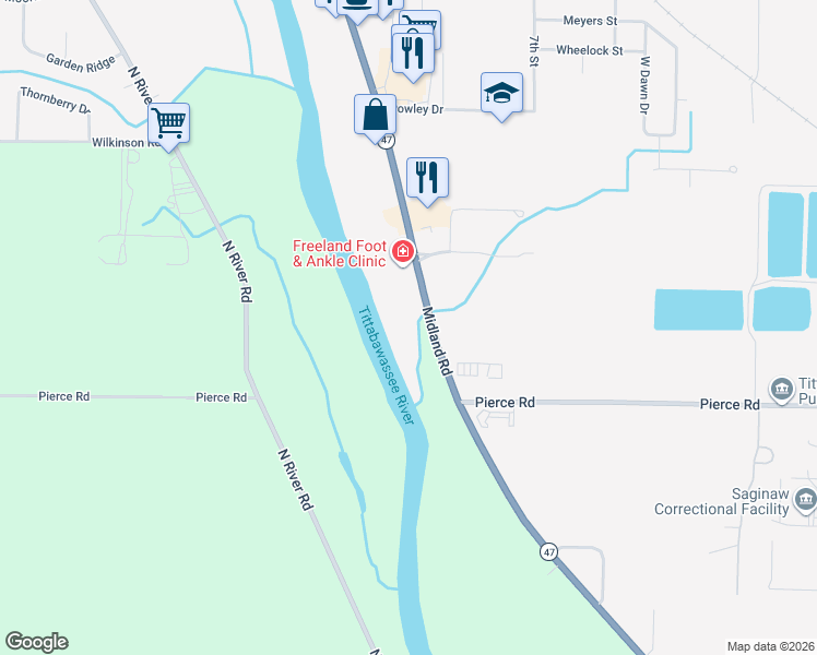 map of restaurants, bars, coffee shops, grocery stores, and more near 7000 Midland Road in Freeland