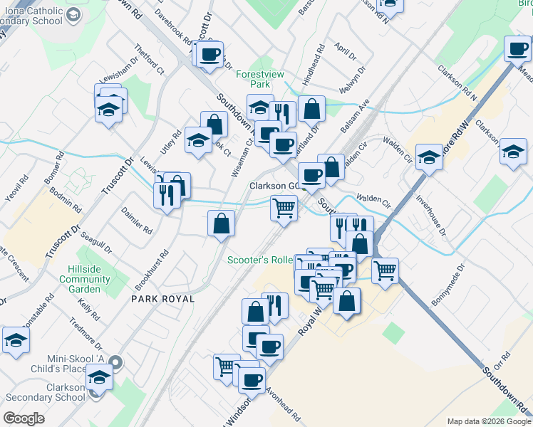 map of restaurants, bars, coffee shops, grocery stores, and more near 2170 Bromsgrove Road in Mississauga