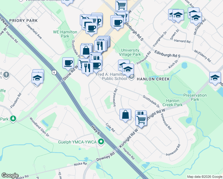 map of restaurants, bars, coffee shops, grocery stores, and more near 51 Steffler Drive in Guelph