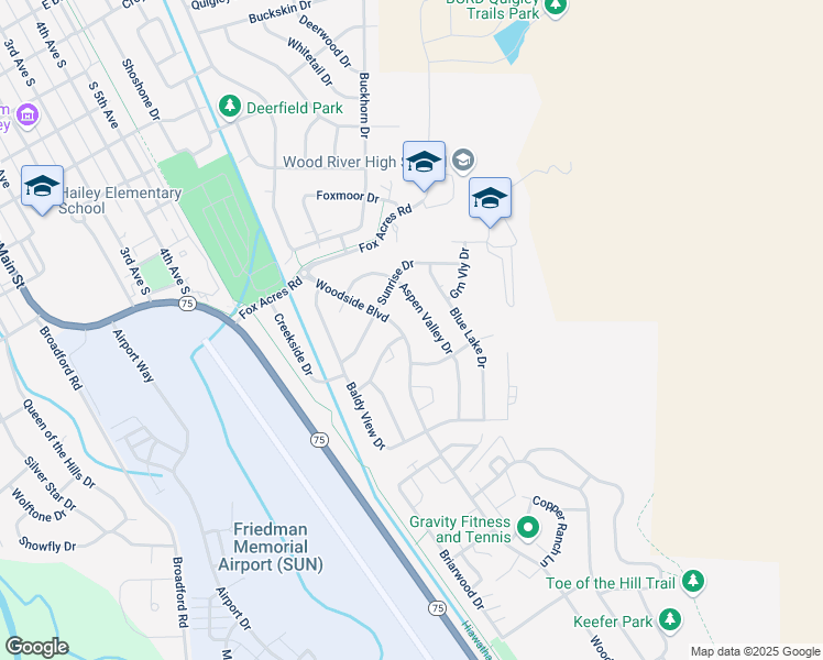 map of restaurants, bars, coffee shops, grocery stores, and more near 1260 Woodside Boulevard in Hailey