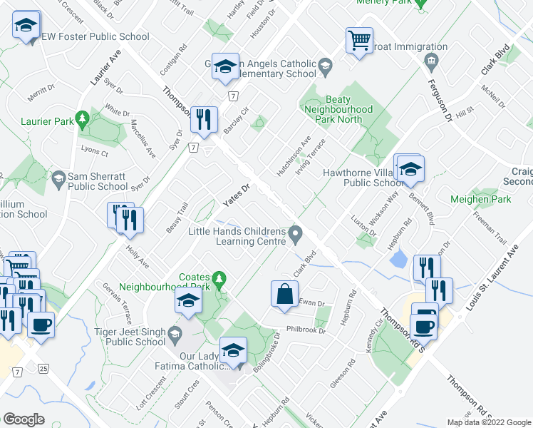 map of restaurants, bars, coffee shops, grocery stores, and more near Cousens Terrace in Milton