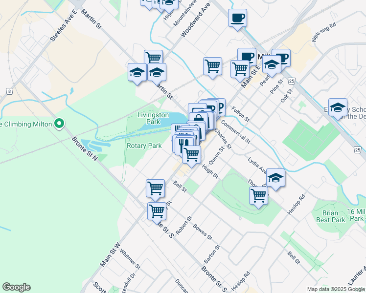 map of restaurants, bars, coffee shops, grocery stores, and more near in Milton
