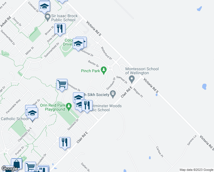 map of restaurants, bars, coffee shops, grocery stores, and more near 182 Goodwin Drive in Guelph