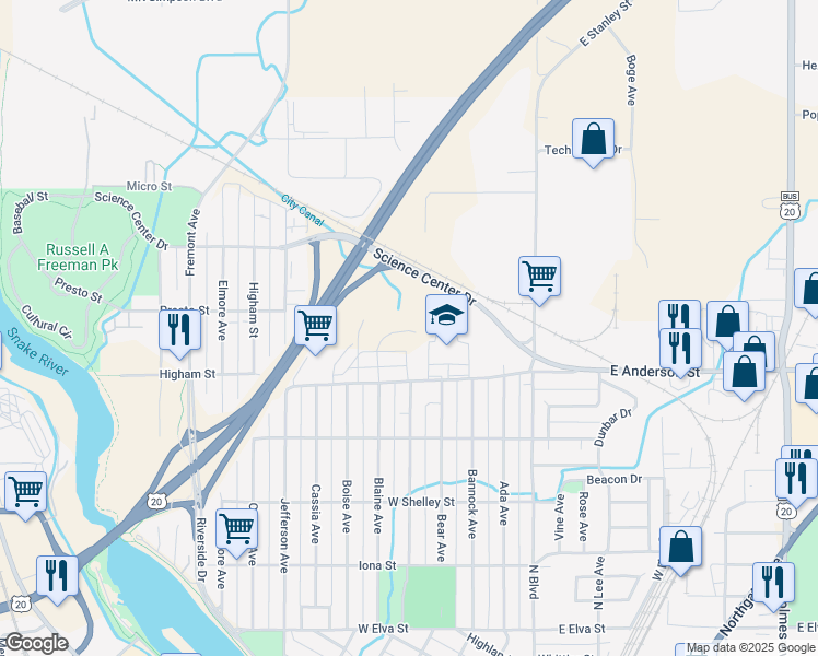 map of restaurants, bars, coffee shops, grocery stores, and more near 500 West Anderson Street in Idaho Falls