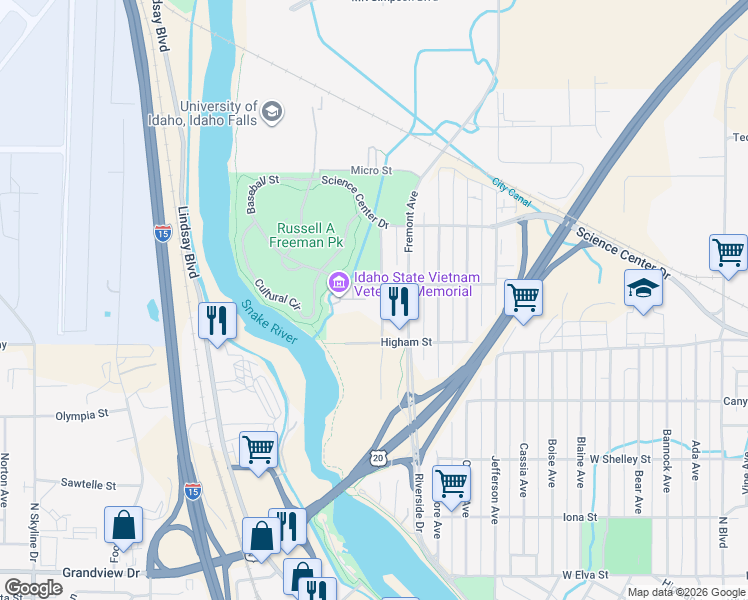 map of restaurants, bars, coffee shops, grocery stores, and more near 1301-1399 Latah Avenue in Idaho Falls