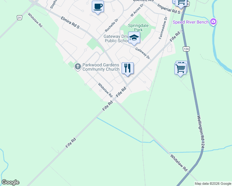 map of restaurants, bars, coffee shops, grocery stores, and more near 190 Fife Road in Guelph