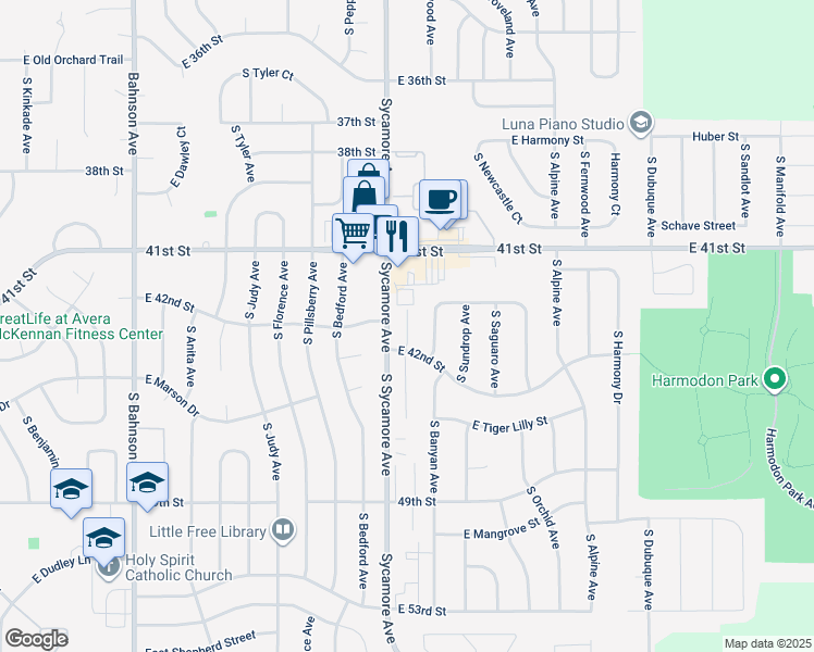 map of restaurants, bars, coffee shops, grocery stores, and more near 4509 East 42nd Street in Sioux Falls