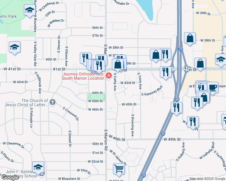 map of restaurants, bars, coffee shops, grocery stores, and more near 3702 South Marion Road in Sioux Falls