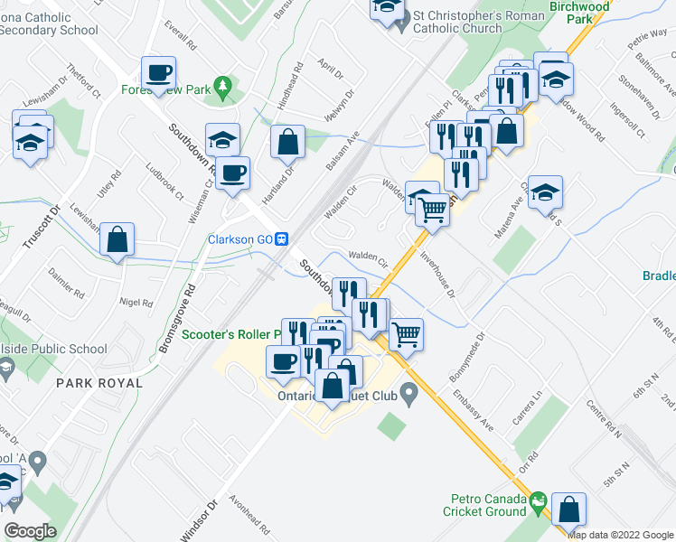 map of restaurants, bars, coffee shops, grocery stores, and more near in Mississauga