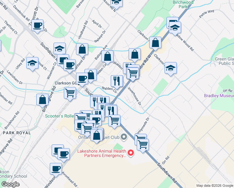 map of restaurants, bars, coffee shops, grocery stores, and more near 1271 Walden Circle in Mississauga
