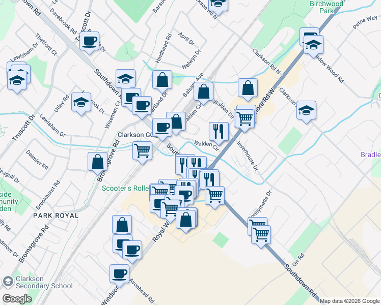 map of restaurants, bars, coffee shops, grocery stores, and more near in Mississauga