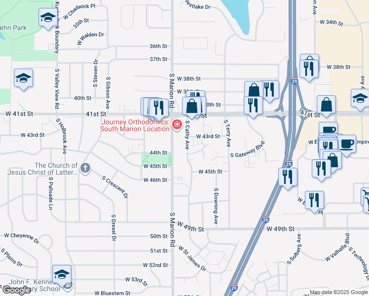 map of restaurants, bars, coffee shops, grocery stores, and more near 3609 South Cathy Avenue in Sioux Falls