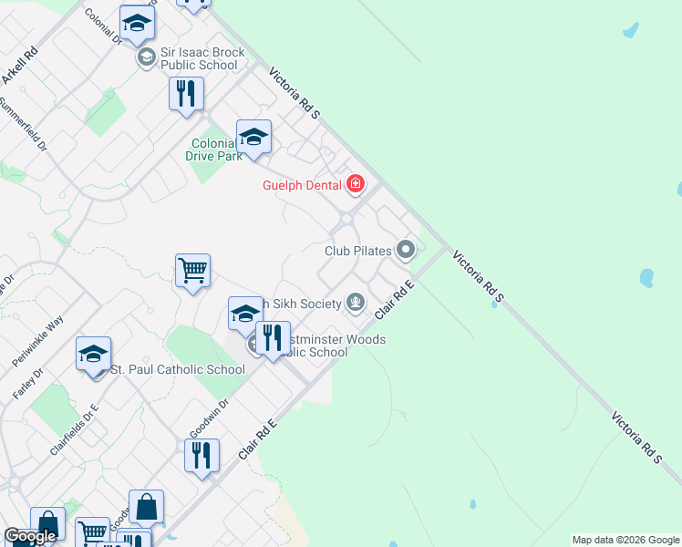 map of restaurants, bars, coffee shops, grocery stores, and more near 195 Goodwin Drive in Guelph