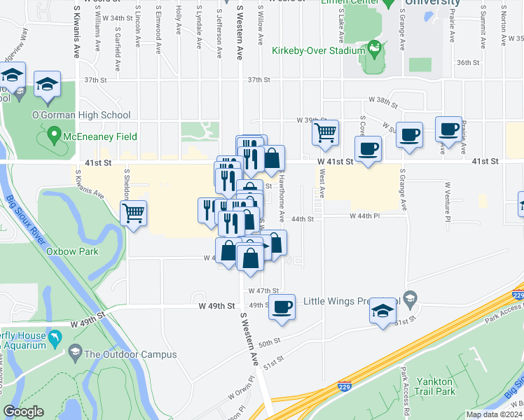 map of restaurants, bars, coffee shops, grocery stores, and more near 3701 South Willow Avenue in Sioux Falls