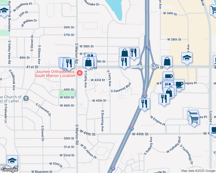 map of restaurants, bars, coffee shops, grocery stores, and more near in Sioux Falls