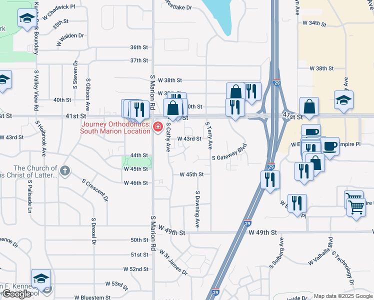 map of restaurants, bars, coffee shops, grocery stores, and more near 4922 West Kirkwood Place in Sioux Falls