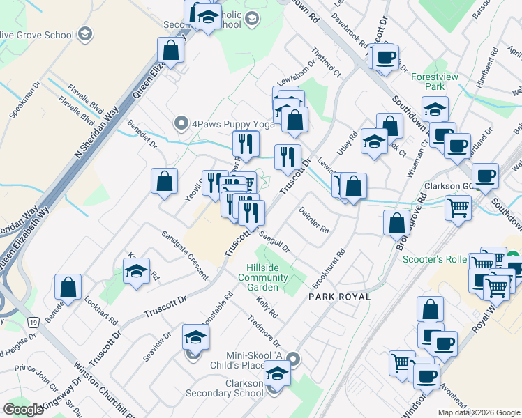 map of restaurants, bars, coffee shops, grocery stores, and more near 2375 Truscott Drive in Mississauga